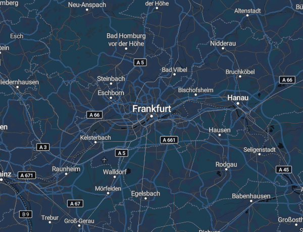 Karte der Region Frankfurt Rhein-Main mit Offenbach, Hanau, Wiesbaden und Mainz
