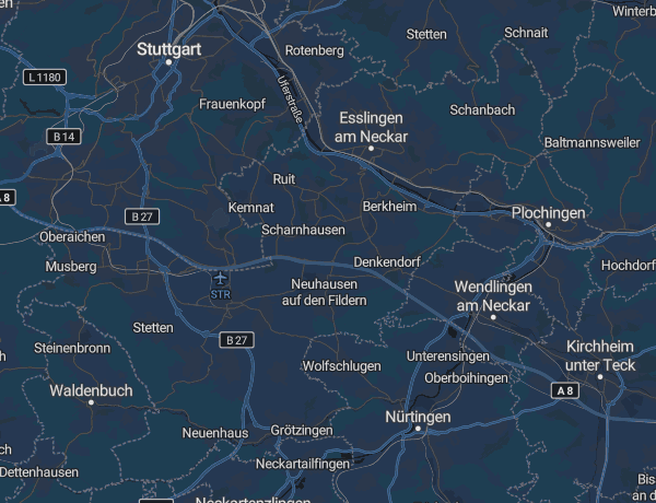 Karte des Landkreises Esslingen mit Esslingen, Leinfelden-Echterdingen und dem Flughafen Stuttgart