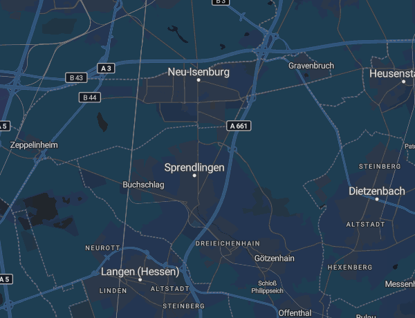 Karte des Kreises Offenbach mit Neu-Isenburg, Dreieich und Langen
