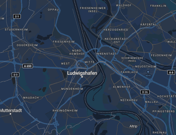 Karte von Ludwigshafen am Rhein mit Mannheim gegenüber