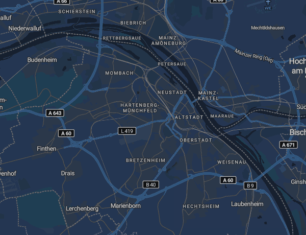 Karte von Mainz mit dem Rhein und Wiesbaden gegenüber