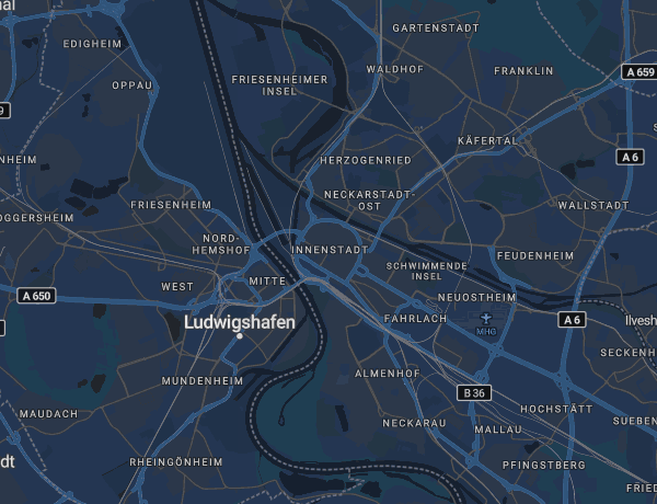 Karte von Mannheim mit dem Rhein und Ludwigshafen gegenüber