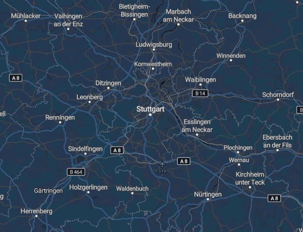 Karte der Region Stuttgart mit Esslingen, Ludwigsburg, Böblingen und Waiblingen